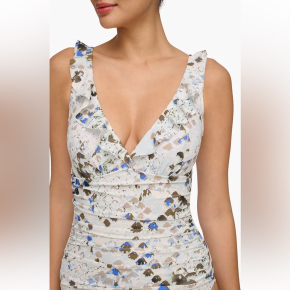 DKNY Ruffle Plunge Underwire Tummy Control One Piece Swimsuit White Swimwear - Picture 3 of 16